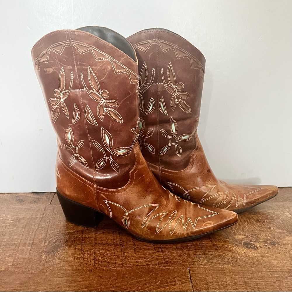 Matisse Bandera Leather Floral Sunburst Brown Mid Calf Cowboy Boots Point Toe